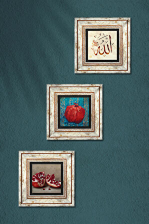 Allah Lafzı, Nar Taş Duvar Tablosu Çerçeveli Duvar Dekoru 3 Parça Tablo Seti Wall Art