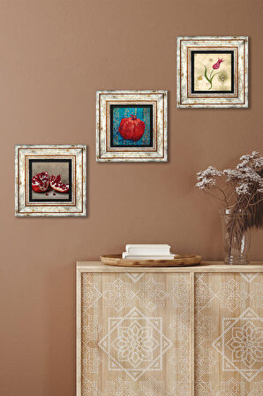 Lale Ebru Sanatı, Nar Taş Duvar Tablosu Çerçeveli Duvar Dekoru 3 Parça Tablo Seti Wall Art