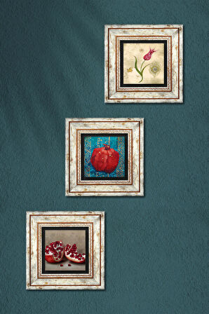 Lale Ebru Sanatı, Nar Taş Duvar Tablosu Çerçeveli Duvar Dekoru 3 Parça Tablo Seti Wall Art