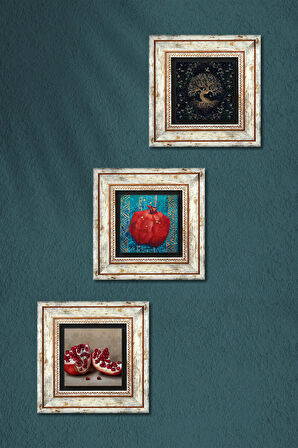 Hayat Ağacı, Nar Taş Duvar Tablosu Çerçeveli Duvar Dekoru 3 Parça Tablo Seti Wall Art