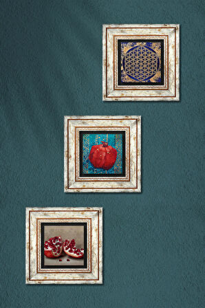 Yaşam Çiçeği, Nar Taş Duvar Tablosu Çerçeveli Duvar Dekoru 3 Parça Tablo Seti Wall Art