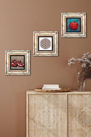 Yaşam Çiçeği, Nar Taş Duvar Tablosu Çerçeveli Duvar Dekoru 3 Parça Tablo Seti Wall Art