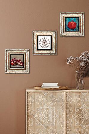 Yaşam Çiçeği, Nar Taş Duvar Tablosu Çerçeveli Duvar Dekoru 3 Parça Tablo Seti Wall Art