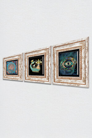 Nazar, Yaşam Çiçeği, Şahmeran Taş Duvar Tablosu Çerçeveli Duvar Dekoru 3 Parça Tablo Seti Wall Art