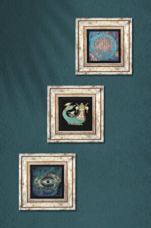Nazar, Yaşam Çiçeği, Şahmeran Taş Duvar Tablosu Çerçeveli Duvar Dekoru 3 Parça Tablo Seti Wall Art