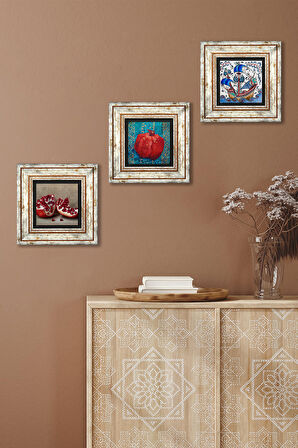 Çini Sanatı Yelkenli Gemi, Nar Taş Duvar Tablosu Çerçeveli Duvar Dekoru 3 Parça Tablo Seti Wall Art