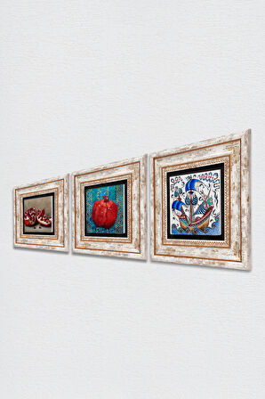 Çini Sanatı Yelkenli Gemi, Nar Taş Duvar Tablosu Çerçeveli Duvar Dekoru 3 Parça Tablo Seti Wall Art
