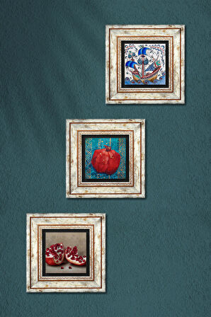 Çini Sanatı Yelkenli Gemi, Nar Taş Duvar Tablosu Çerçeveli Duvar Dekoru 3 Parça Tablo Seti Wall Art