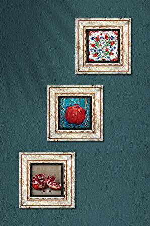 Çini Sanatı Lale, Nar Taş Duvar Tablosu Çerçeveli Duvar Dekoru 3 Parça Tablo Seti Wall Art