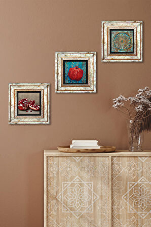 Yaşam Çiçeği, Nar Taş Duvar Tablosu Çerçeveli Duvar Dekoru 3 Parça Tablo Seti Wall Art