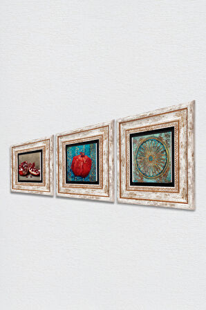 Yaşam Çiçeği, Nar Taş Duvar Tablosu Çerçeveli Duvar Dekoru 3 Parça Tablo Seti Wall Art