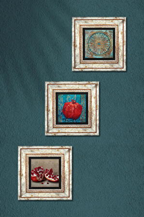 Yaşam Çiçeği, Nar Taş Duvar Tablosu Çerçeveli Duvar Dekoru 3 Parça Tablo Seti Wall Art