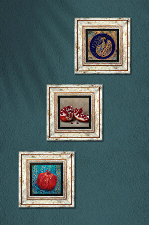 Tavus Kuşu, Nar Taş Duvar Tablosu Çerçeveli Duvar Dekoru 3 Parça Tablo Seti Wall Art