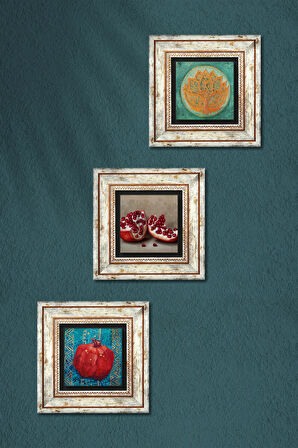 Lotus Çiçeği, Nar Taş Duvar Tablosu Çerçeveli Duvar Dekoru 3 Parça Tablo Seti Wall Art