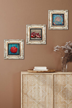 Yaşam Çiçeği, Nar Taş Duvar Tablosu Çerçeveli Duvar Dekoru 3 Parça Tablo Seti Wall Art