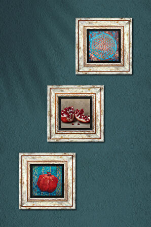 Yaşam Çiçeği, Nar Taş Duvar Tablosu Çerçeveli Duvar Dekoru 3 Parça Tablo Seti Wall Art