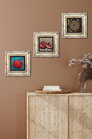 Sri Yantra, Nar Taş Duvar Tablosu Çerçeveli Duvar Dekoru 3 Parça Tablo Seti Wall Art