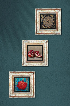 Sri Yantra, Nar Taş Duvar Tablosu Çerçeveli Duvar Dekoru 3 Parça Tablo Seti Wall Art