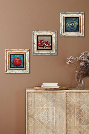 Nazar, Nar Taş Duvar Tablosu Çerçeveli Duvar Dekoru 3 Parça Tablo Seti Wall Art