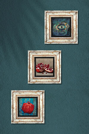 Nazar, Nar Taş Duvar Tablosu Çerçeveli Duvar Dekoru 3 Parça Tablo Seti Wall Art