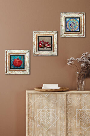 Mandala, Nar Taş Duvar Tablosu Çerçeveli Duvar Dekoru 3 Parça Tablo Seti Wall Art