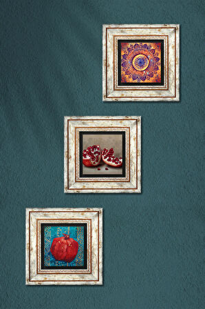 Mandala, Nar Taş Duvar Tablosu Çerçeveli Duvar Dekoru 3 Parça Tablo Seti Wall Art