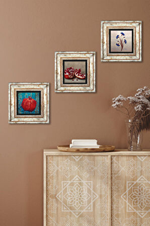 Ebru Sanatı, Nar Taş Duvar Tablosu Çerçeveli Duvar Dekoru 3 Parça Tablo Seti Wall Art