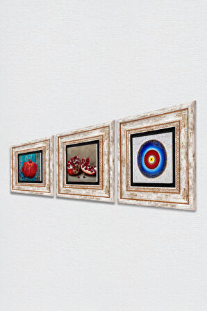 Nazar, Nar Taş Duvar Tablosu Çerçeveli Duvar Dekoru 3 Parça Tablo Seti Wall Art