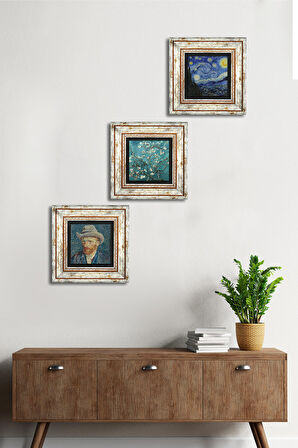 Van Gogh Yıldızlı Gece, Badem Ağacı, Otoportre Taş Duvar Tablosu Çerçeveli Duvar Dekoru 3 Parça Tablo Seti Wall Art