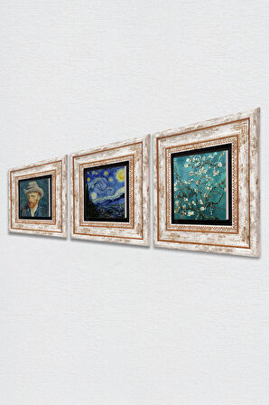 Van Gogh Yıldızlı Gece, Badem Ağacı, Otoportre Taş Duvar Tablosu Çerçeveli Duvar Dekoru 3 Parça Tablo Seti Wall Art