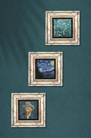 Van Gogh Yıldızlı Gece, Badem Ağacı, Otoportre Taş Duvar Tablosu Çerçeveli Duvar Dekoru 3 Parça Tablo Seti Wall Art