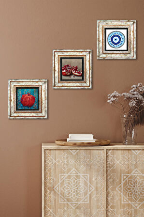 Nazar, Nar Taş Duvar Tablosu Çerçeveli Duvar Dekoru 3 Parça Tablo Seti Wall Art