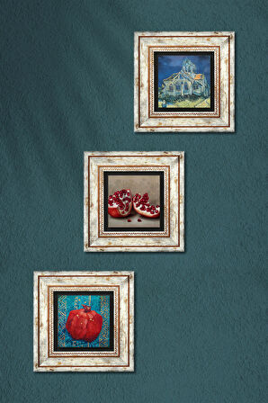 Van Gogh Auvers'deki Kilise, Nar Taş Duvar Tablosu Çerçeveli Duvar Dekoru 3 Parça Tablo Seti Wall Art