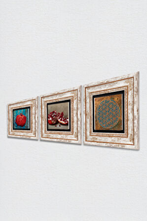 Yaşam Çiçeği, Nar Taş Duvar Tablosu Çerçeveli Duvar Dekoru 3 Parça Tablo Seti Wall Art