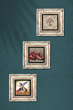 Hayat Ağacı, Semazen, Nar Taş Duvar Tablosu Çerçeveli Duvar Dekoru 3 Parça Tablo Seti Wall Art