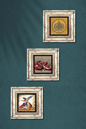 Ayet-el Kürsi, Semazen, Nar Taş Duvar Tablosu Çerçeveli Duvar Dekoru 3 Parça Tablo Seti Wall Art