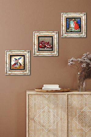 Kaplumbağa Terbiyecisi, Semazen, Nar Taş Duvar Tablosu Çerçeveli Duvar Dekoru 3 Parça Tablo Seti Wall Art