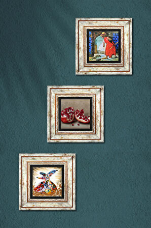 Kaplumbağa Terbiyecisi, Semazen, Nar Taş Duvar Tablosu Çerçeveli Duvar Dekoru 3 Parça Tablo Seti Wall Art