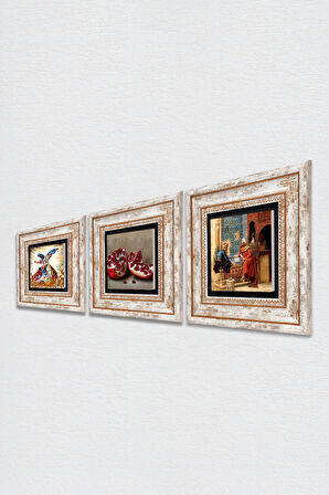 Satranç Oyunu, Semazen, Nar Taş Duvar Tablosu Çerçeveli Duvar Dekoru 3 Parça Tablo Seti Wall Art