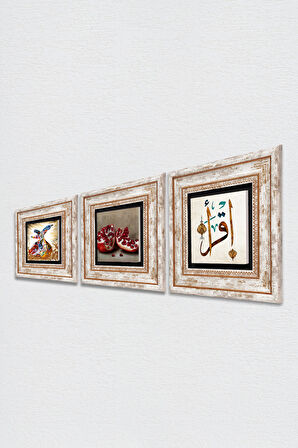 İlk Ayet 'Oku', Semazen, Nar Taş Duvar Tablosu Çerçeveli Duvar Dekoru 3 Parça Tablo Seti Wall Art