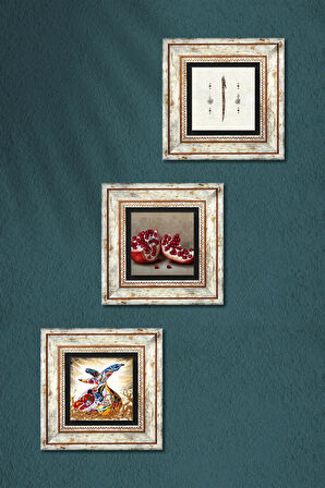 Elif, Semazen, Nar Taş Duvar Tablosu Çerçeveli Duvar Dekoru 3 Parça Tablo Seti Wall Art