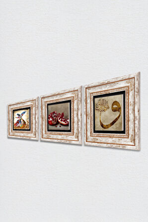 Vav, Semazen, Nar Taş Duvar Tablosu Çerçeveli Duvar Dekoru 3 Parça Tablo Seti Wall Art