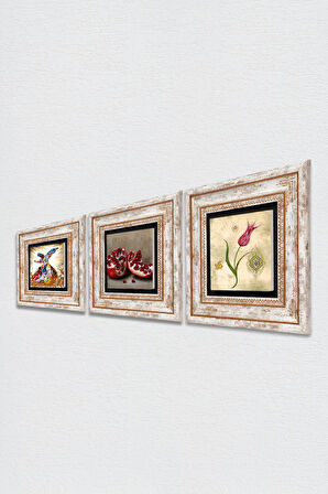 Lale Ebru Sanatı, Semazen, Nar Taş Duvar Tablosu Çerçeveli Duvar Dekoru 3 Parça Tablo Seti Wall Art