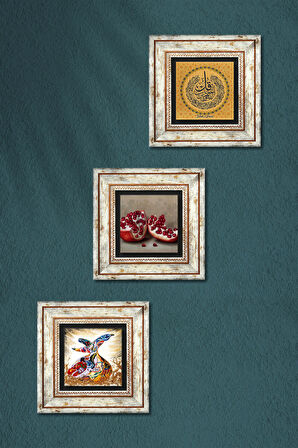 Felak Suresi, Semazen, Nar Taş Duvar Tablosu Çerçeveli Duvar Dekoru 3 Parça Tablo Seti Wall Art