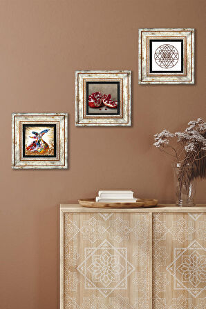 Sri Yantra, Semazen, Nar Taş Duvar Tablosu Çerçeveli Duvar Dekoru 3 Parça Tablo Seti Wall Art