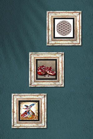 Yaşam Çiçeği, Semazen, Nar Taş Duvar Tablosu Çerçeveli Duvar Dekoru 3 Parça Tablo Seti Wall Art