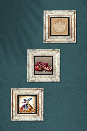 Lotus Çiçeği, Semazen, Nar Taş Duvar Tablosu Çerçeveli Duvar Dekoru 3 Parça Tablo Seti Wall Art