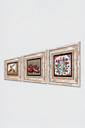 Çini Sanatı Lale, Semazen, Nar Taş Duvar Tablosu Çerçeveli Duvar Dekoru 3 Parça Tablo Seti Wall Art