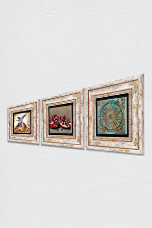 Yaşam Çiçeği, Semazen, Nar Taş Duvar Tablosu Çerçeveli Duvar Dekoru 3 Parça Tablo Seti Wall Art