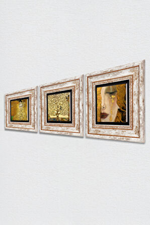 Gustav Klimt Bauer Portre, Altın Gözyaşları, Hayat Ağacı Taş Duvar Tablosu Çerçeveli Duvar Dekoru 3 Parça Tablo Seti Wall Art
